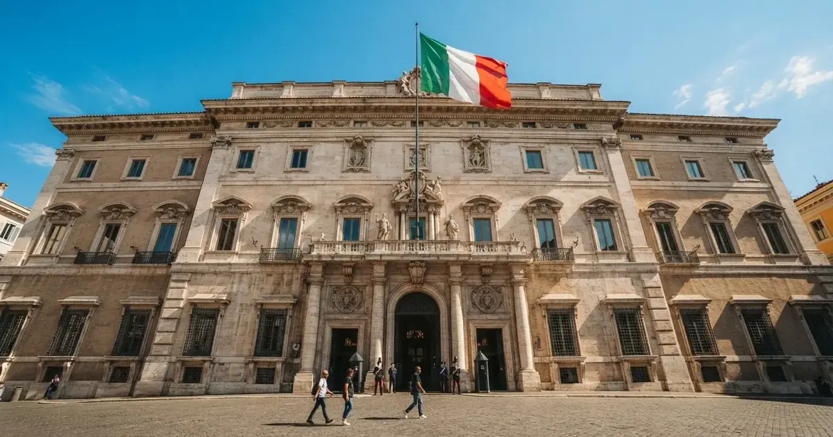 Un edificio governativo italiano con bandiera al vento fotografato dal basso in una giornata di sole.