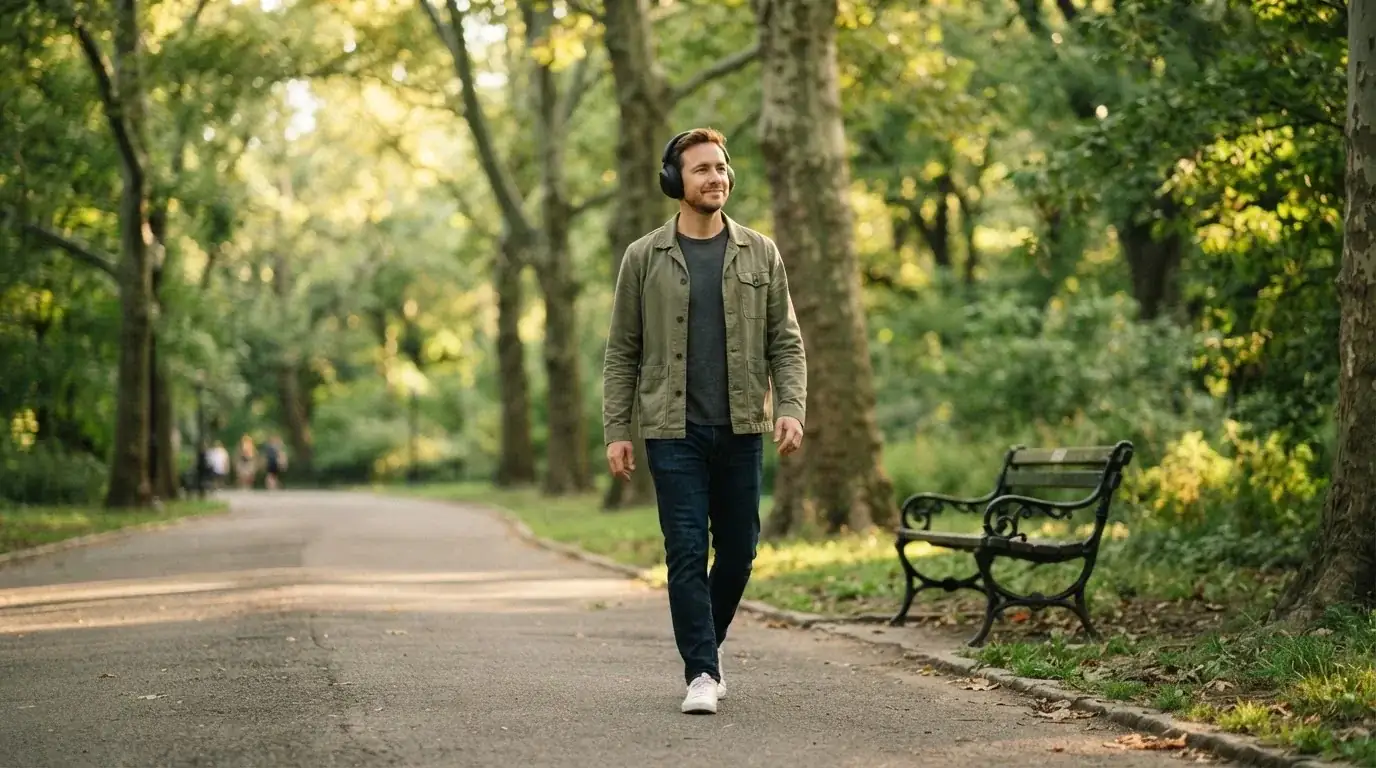 Un uomo cammina all'aperto in un parco cittadino indossando cuffie, lontano da qualsiasi dispositivo elettronico acceso.
